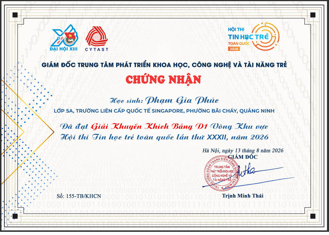 Chứng nhận Giải Khuyến Khích - Phạm Gia Phúc
